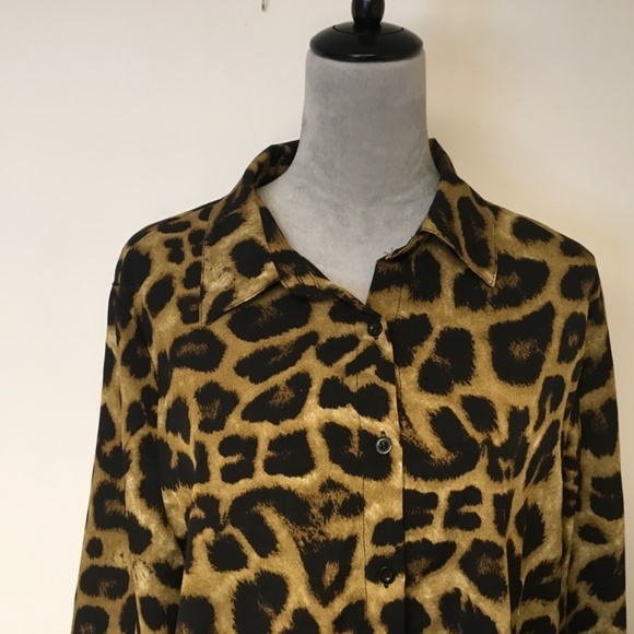 Saron women blouse tunic SZ XL brown & black animal print button down - Picture 2 of 8